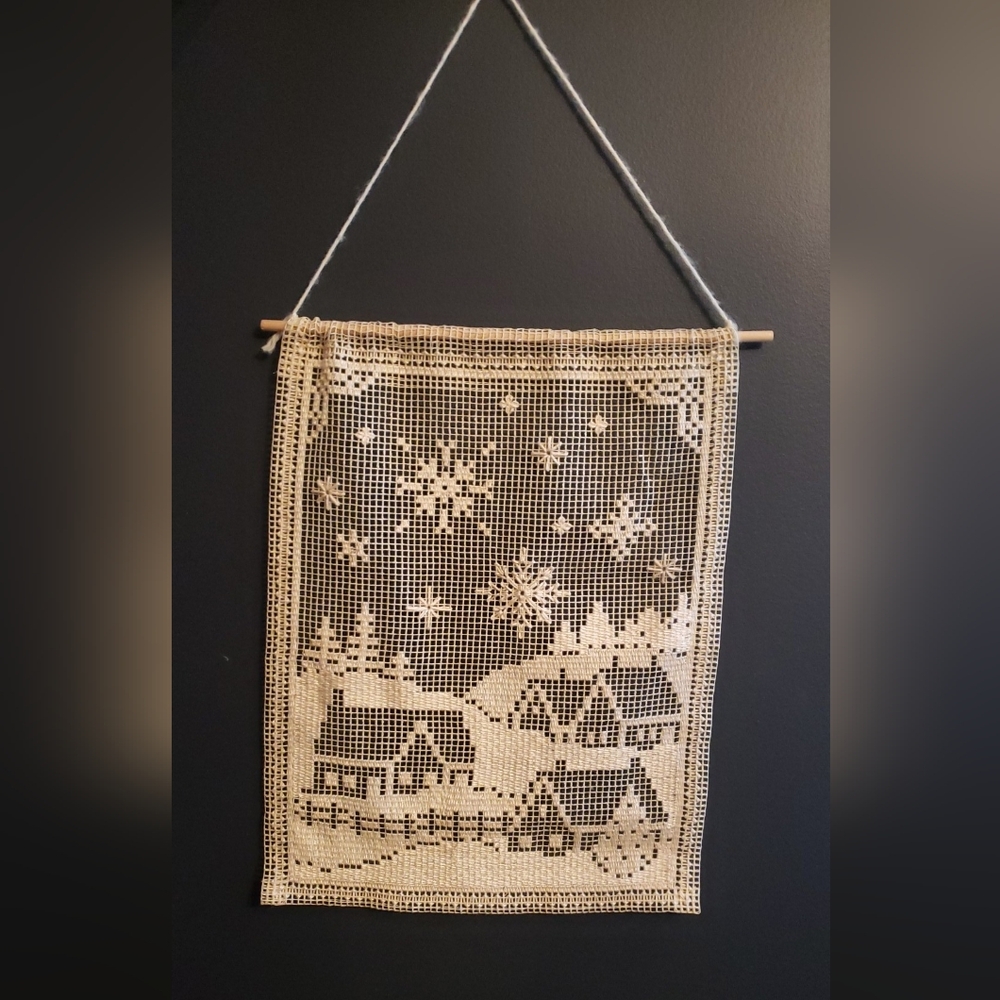 Winter Scene Filet Crochet Wall Hanging 15.5" L x 12.5" W, Cottagecore Farmhouse